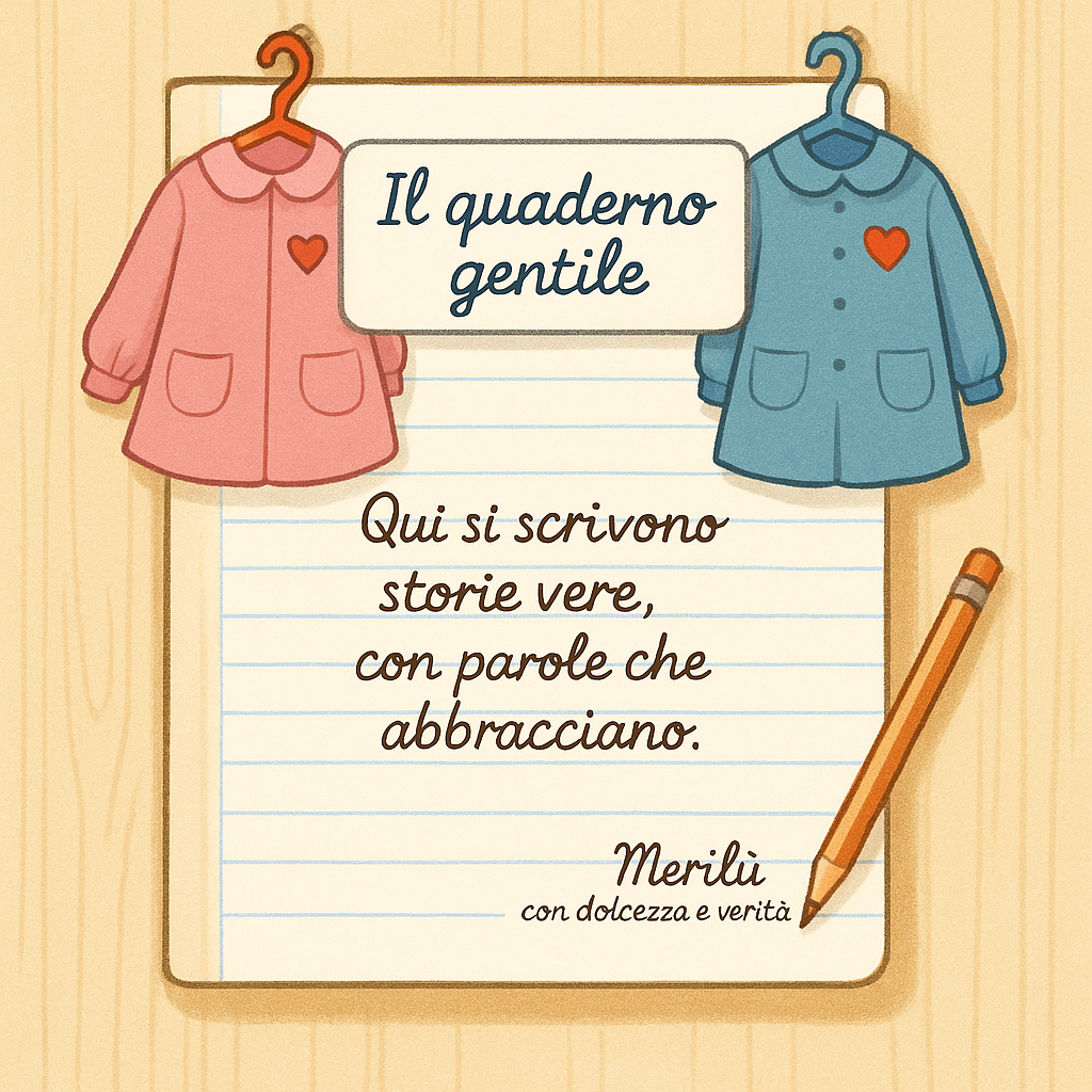 “Illustrazione di due grembiulini colorati con la scritta Il quaderno gentile, simbolo del progetto MEG – Merilù e le Guide sull’educazione gentile.”