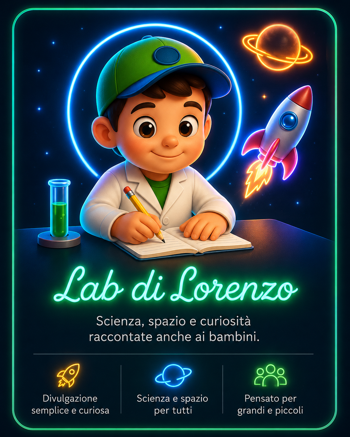 Card illustrata neon 3D care del Lab di Lorenzo di MEG – Merilù Educazione Gentile con bambino scienziato, razzo spaziale e pianeta luminoso dedicata alla divulgazione scientifica per bambini, spazio, curiosità e apprendimento creativo.