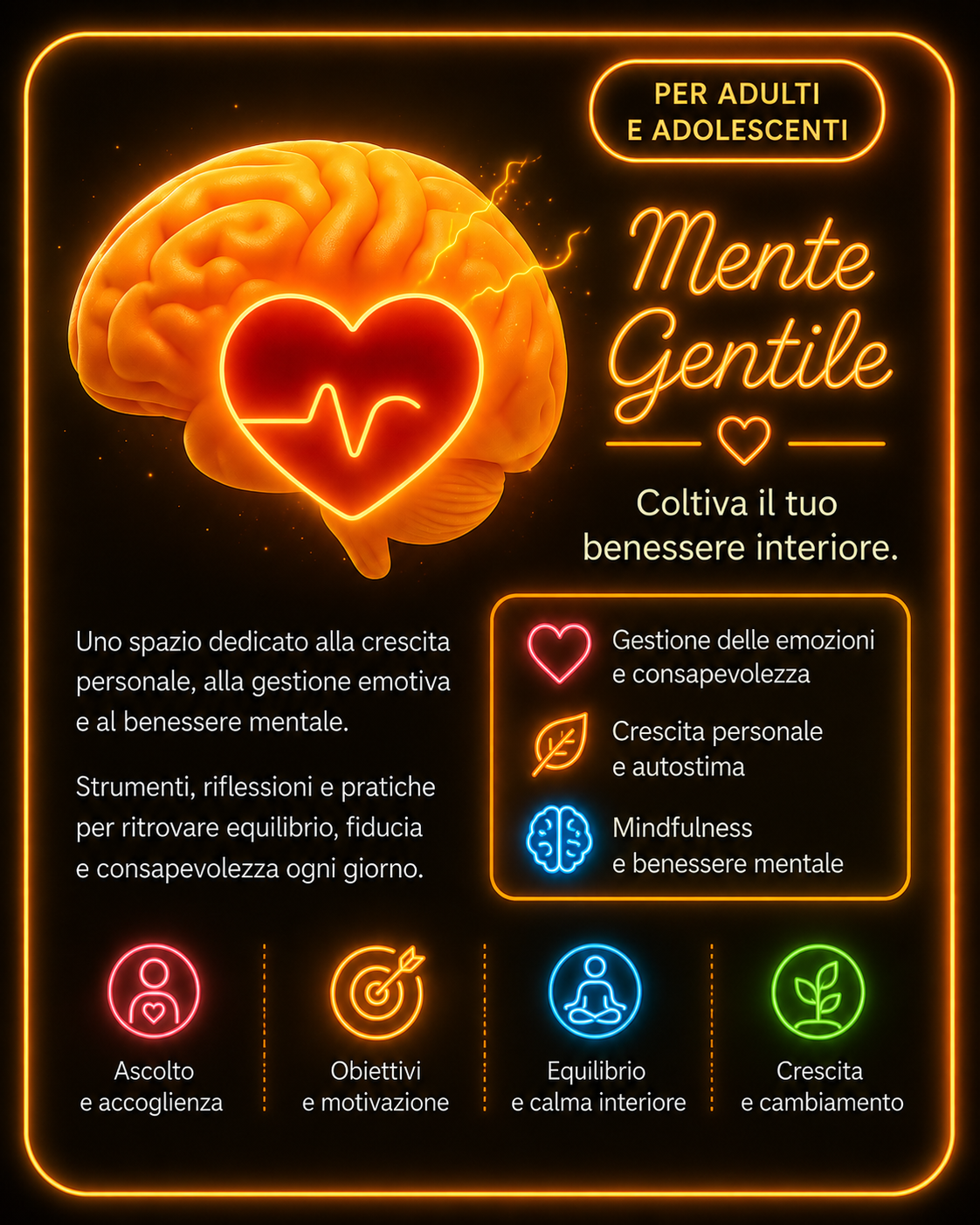 Card illustrata neon 3D care di Mente Gentile di MEG – Merilù Educazione Gentile dedicata a benessere mentale, burnout, gestione delle emozioni, crescita personale, mindfulness e consapevolezza emotiva per adolescenti e adulti.