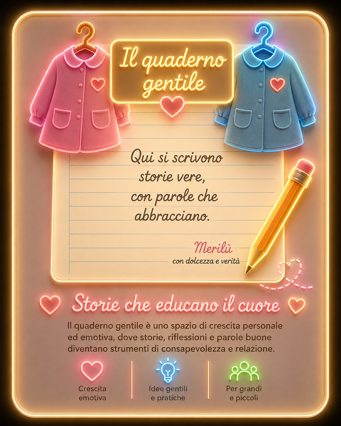 Card illustrata neon 3D care del Quaderno Gentile di MEG – Merilù Educazione Gentile dedicata a emozioni, crescita personale, educazione emotiva e storie gentili per bambini, adolescenti e adulti.